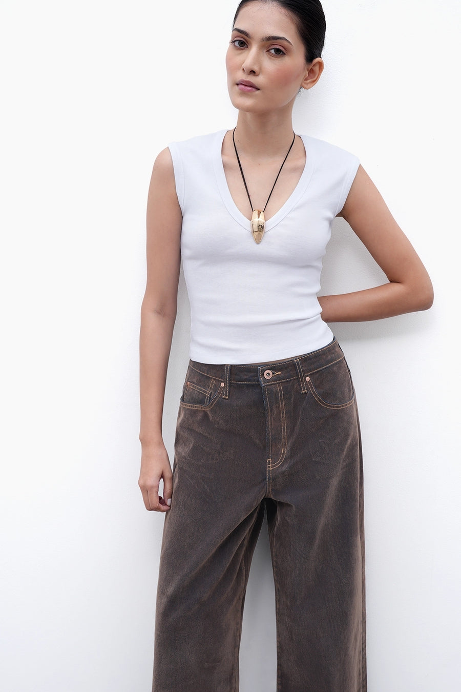White V-Neck Ribbed Top