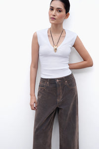 White V-Neck Ribbed Top