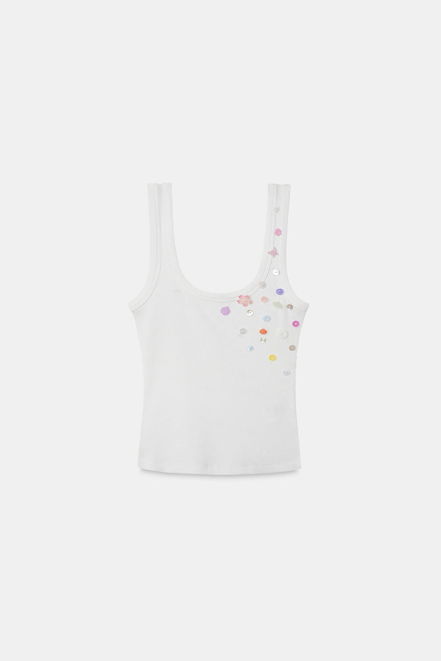 White Button Embroidered Ribbed Top
