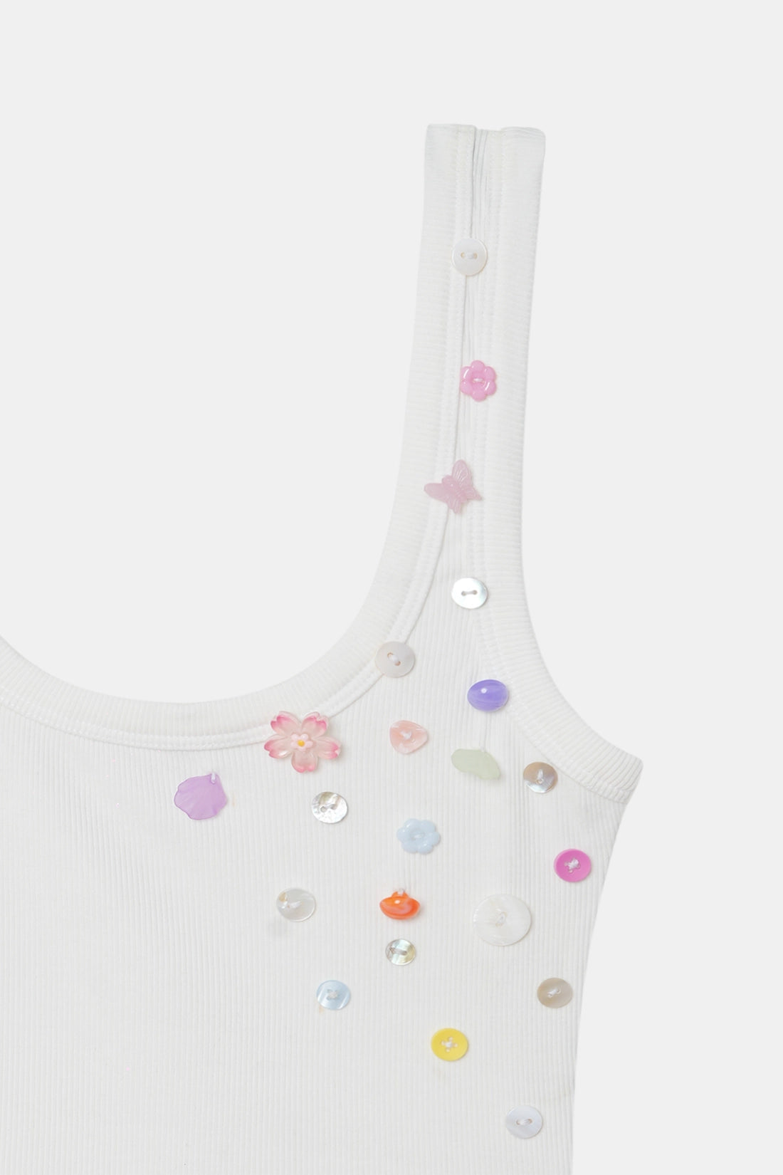 White Button Embroidered Ribbed Top