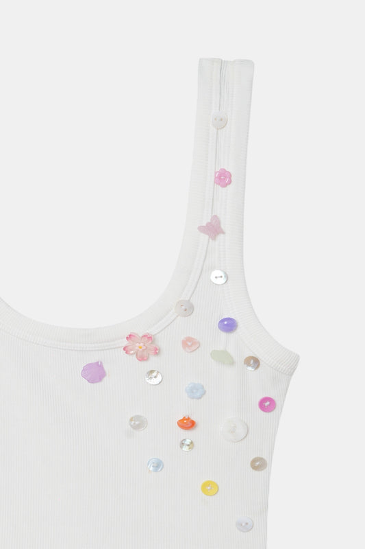 White Button Embroidered Ribbed Top