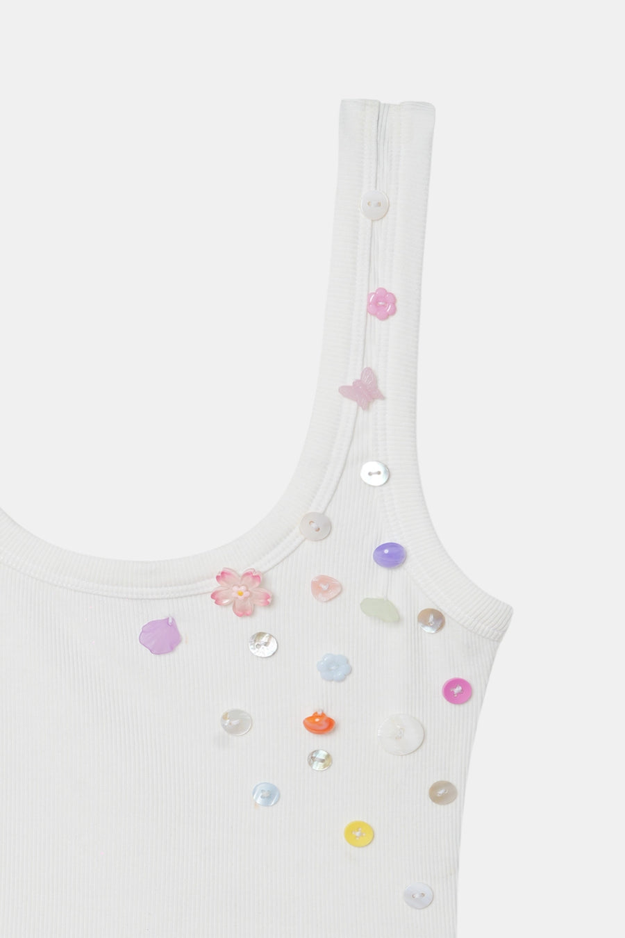 White Button Embroidered Ribbed Top