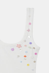 White Button Embroidered Ribbed Top
