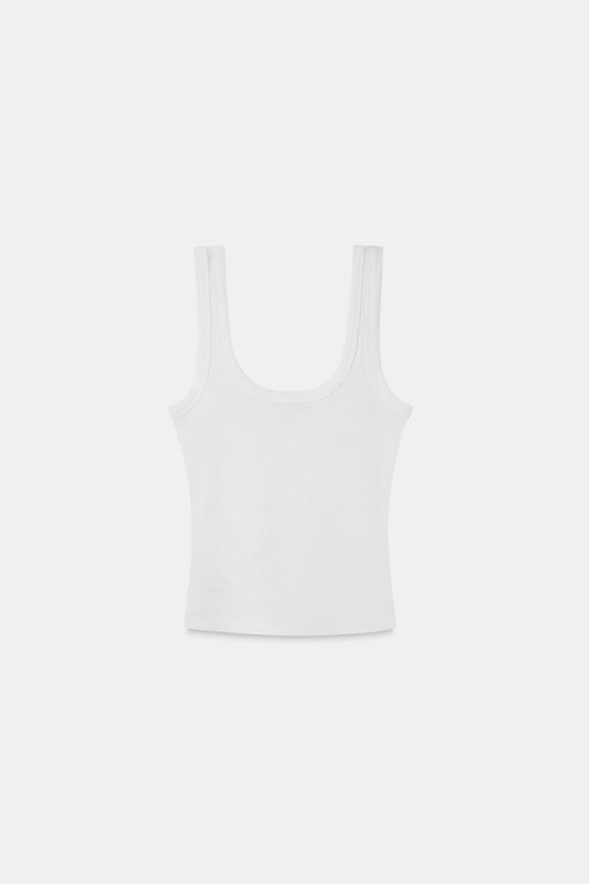 White Button Embroidered Ribbed Top