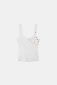 White Button Embroidered Ribbed Top