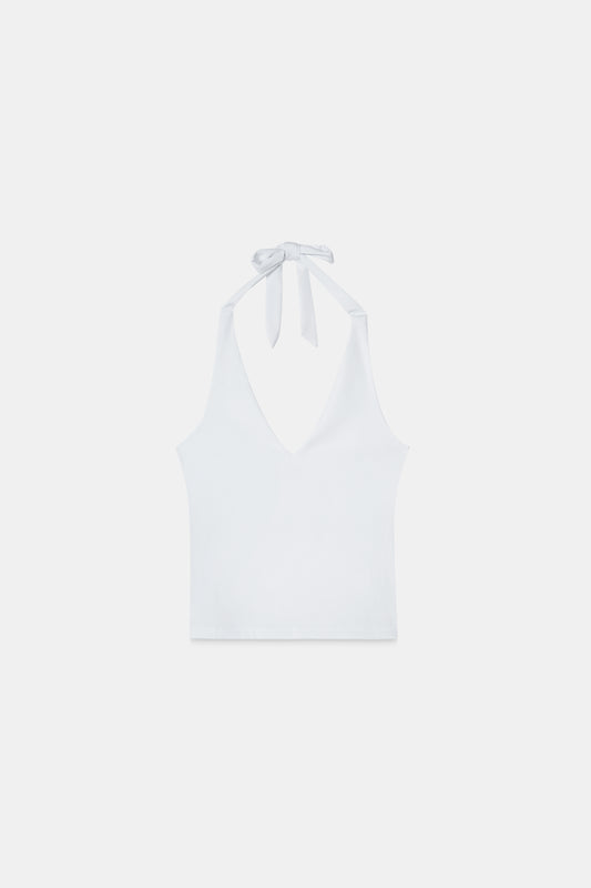White Halter-Neck Polyamide Top