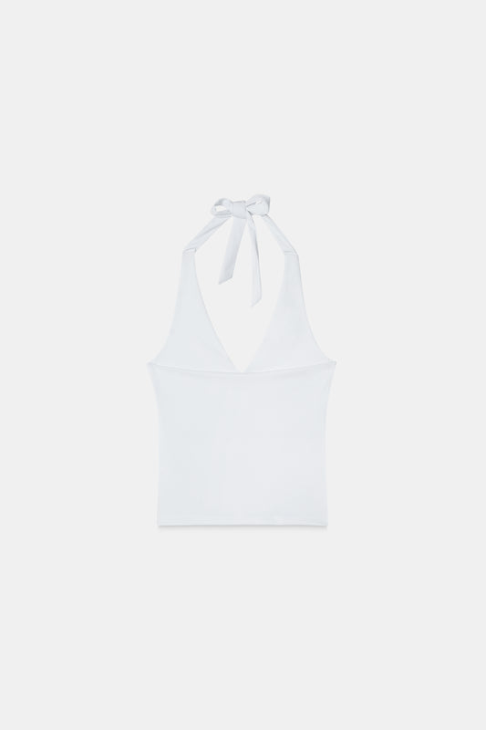 White Halter-Neck Polyamide Top