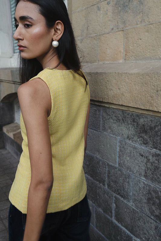 Yellow Buttoned Tweed Top