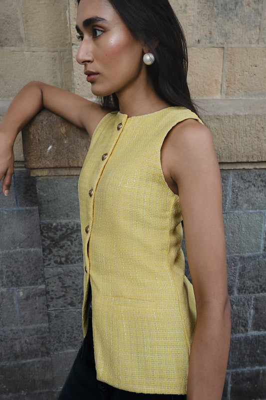 Yellow Buttoned Tweed Top