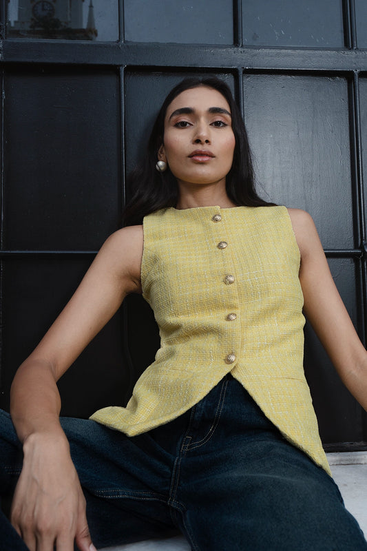Yellow Buttoned Tweed Top