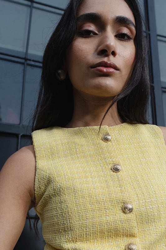 Yellow Buttoned Tweed Top