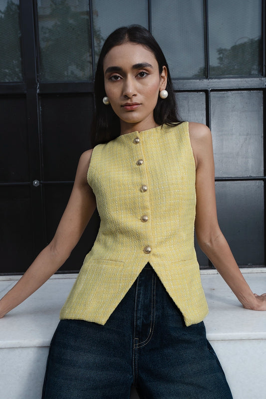 Yellow Buttoned Tweed Top