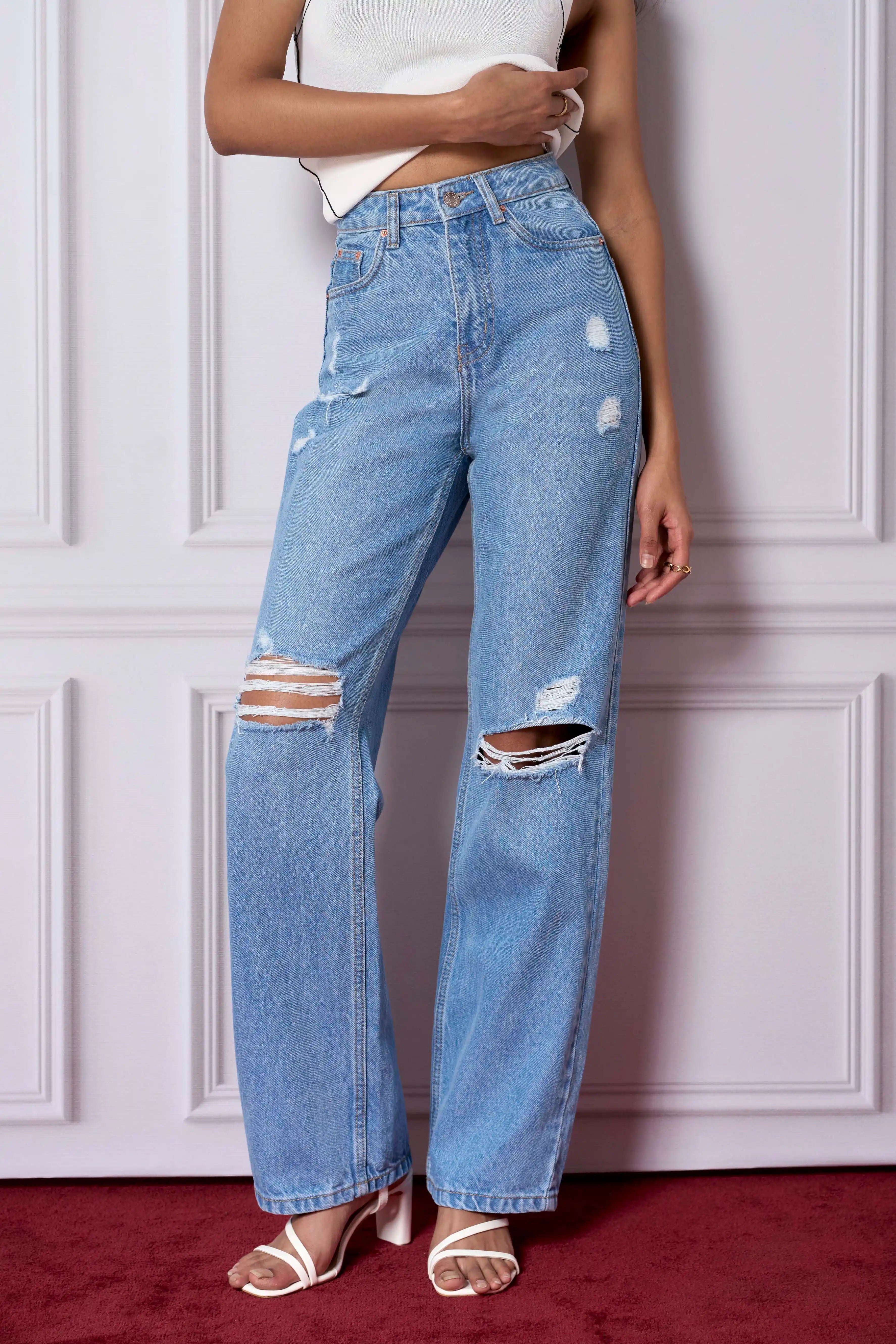 Stone Blue Ripped Straight Fit Jeans