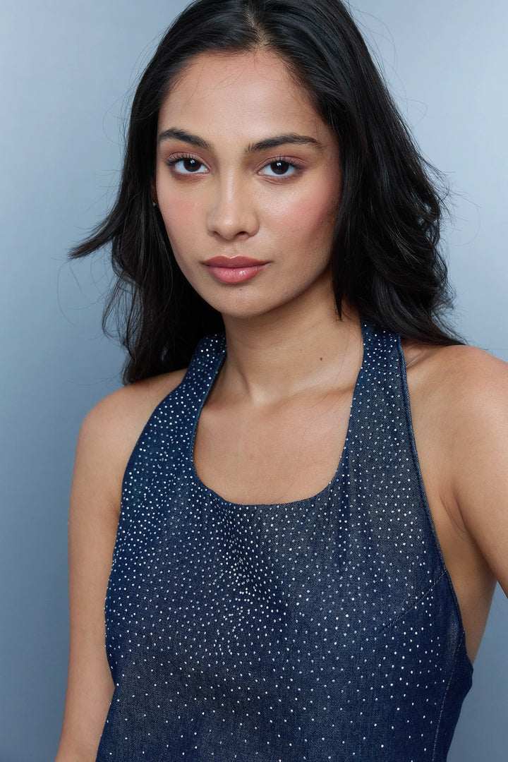 Raw Wash Studded Halter Jumpsuit