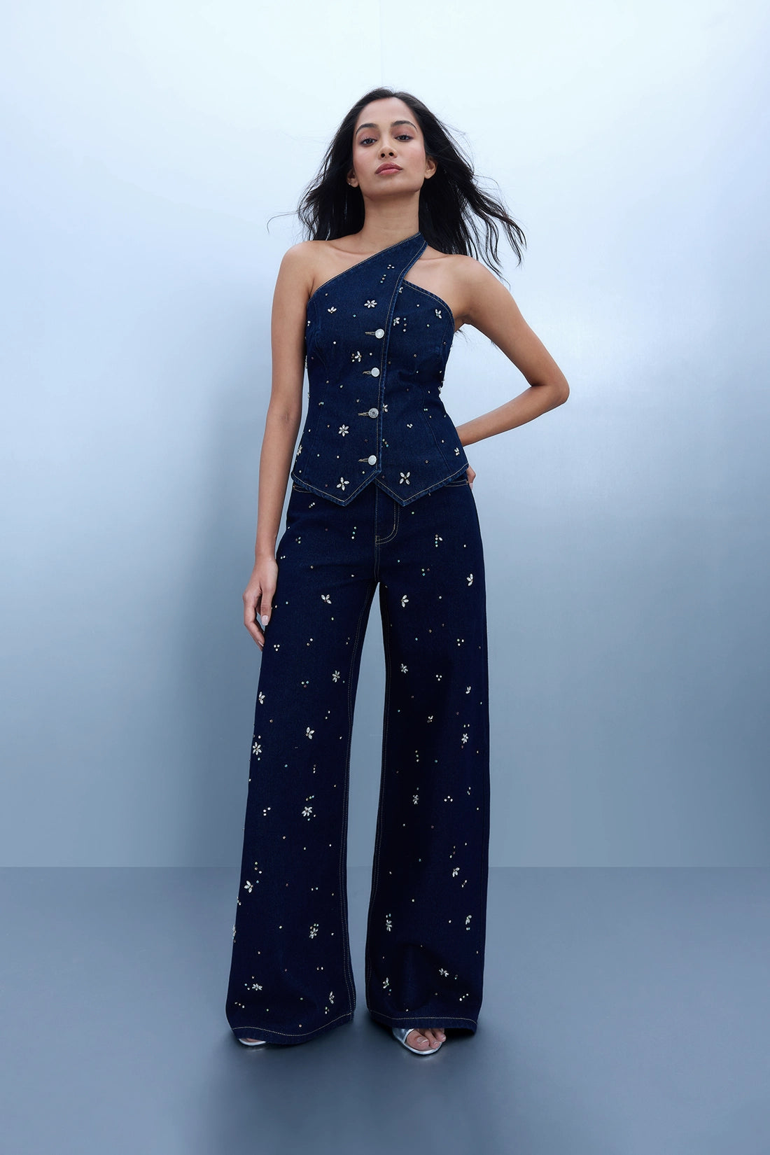 Rhinestone Asymmetric Denim Top