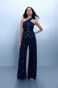 Rhinestone Asymmetric Denim Top