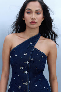Rhinestone Asymmetric Denim Top