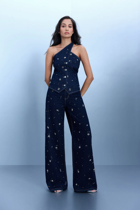 Raw Wash Rhinestone Straight-Leg Jeans