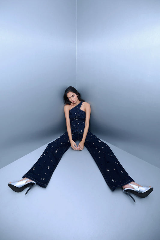 Raw Wash Rhinestone Straight-Leg Jeans