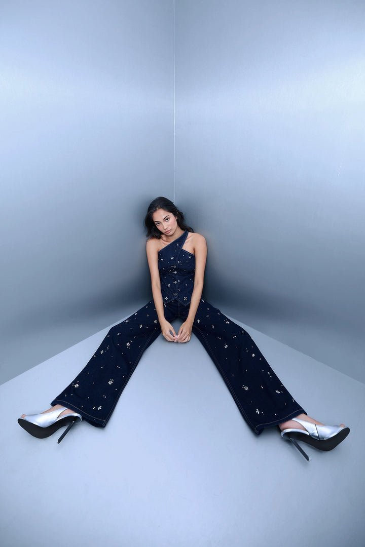 Raw Wash Rhinestone Straight-Leg Jeans