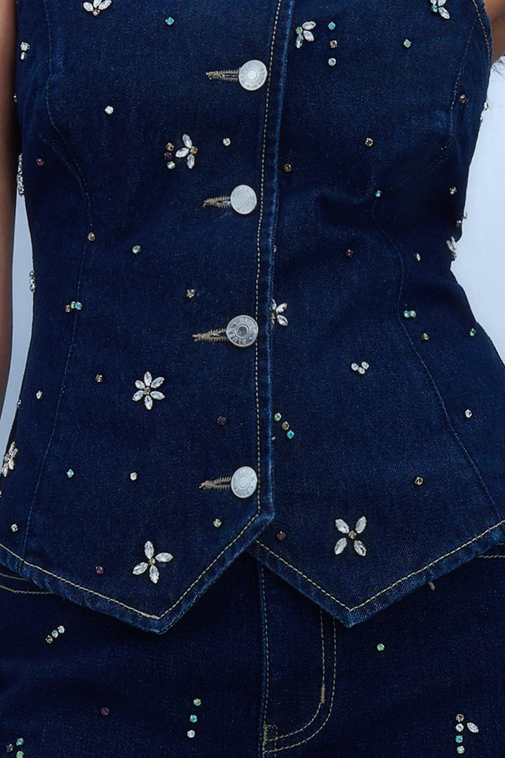 Rhinestone Asymmetric Denim Top