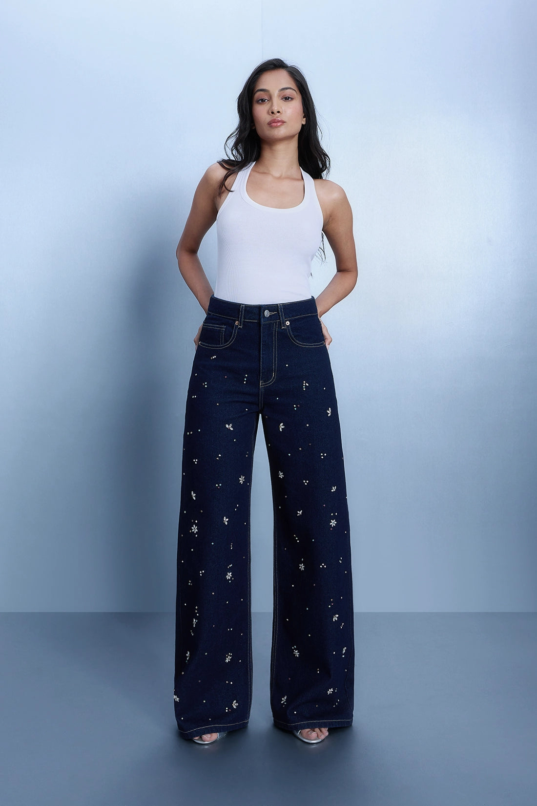 Raw Wash Rhinestone Straight-Leg Jeans
