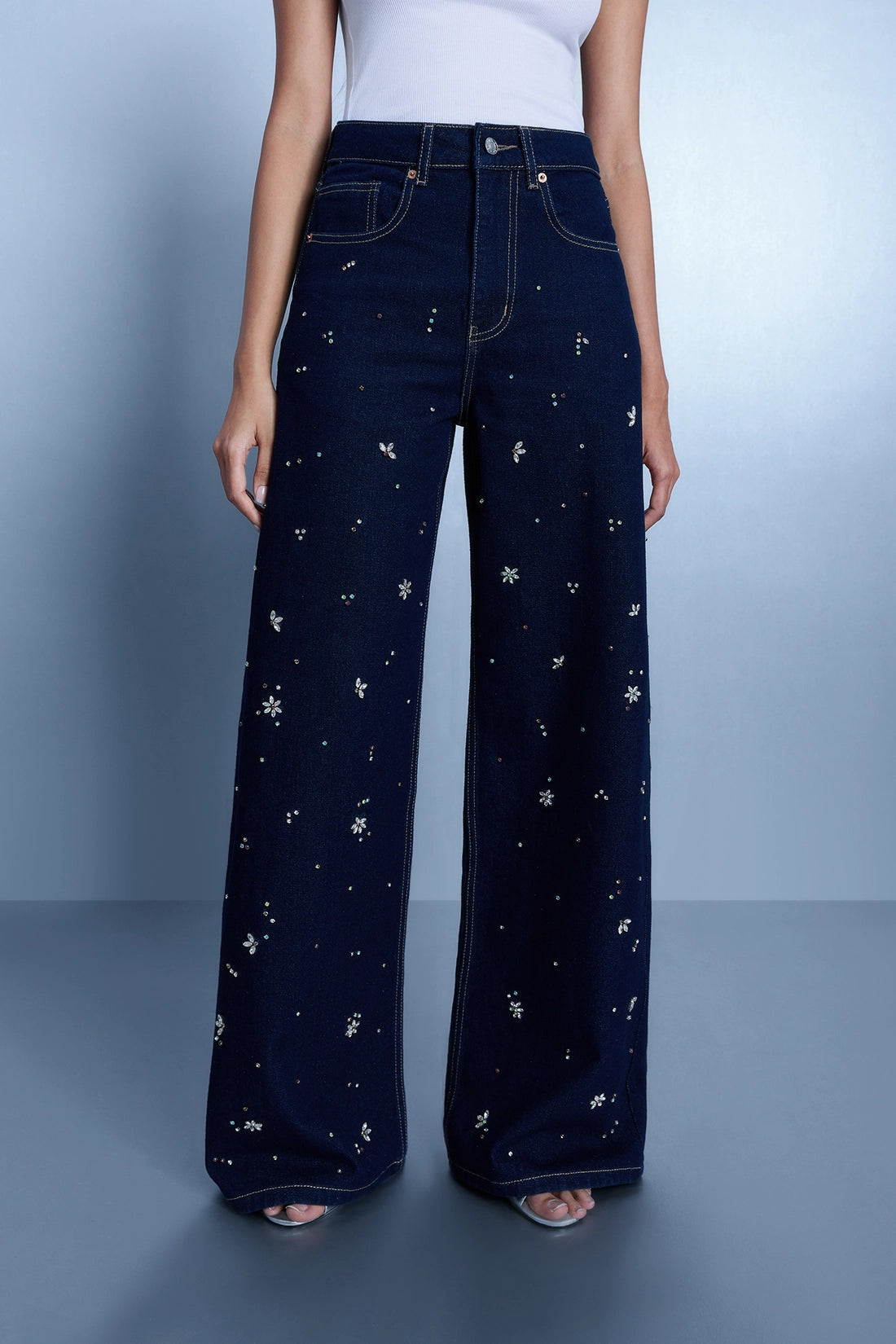 Raw Wash Rhinestone Straight-Leg Jeans