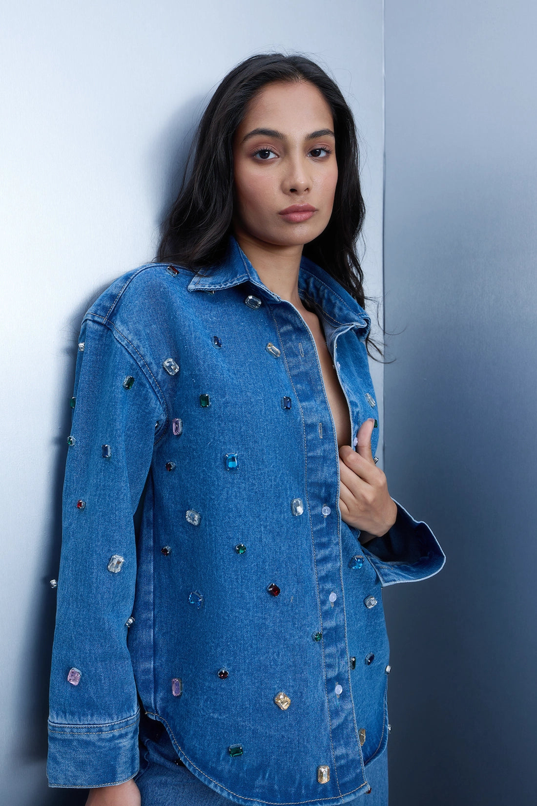 Handcrafted Gemstone Denim Shirt