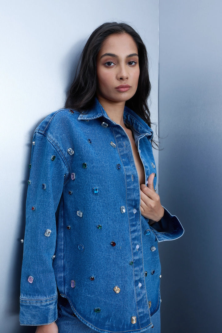 Handcrafted Gemstone Denim Shirt