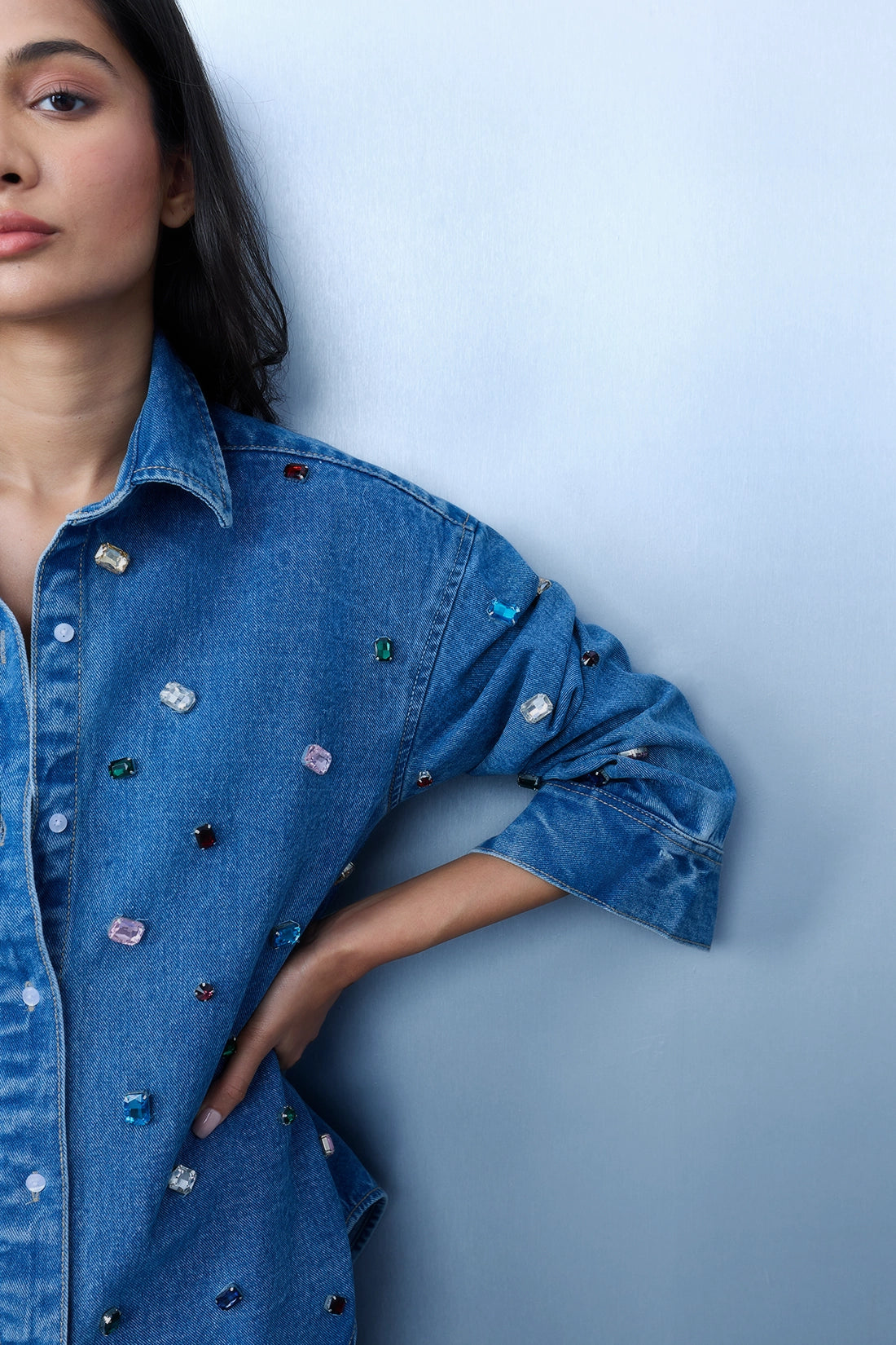 Handcrafted Gemstone Denim Shirt