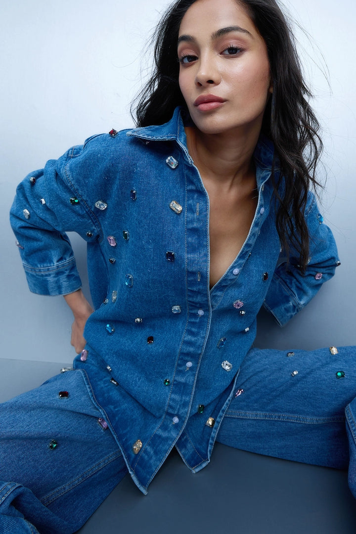 Handcrafted Gemstone Denim Shirt