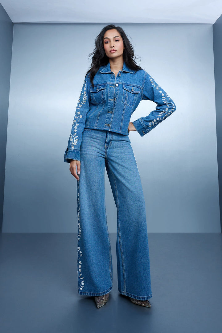 Hand Embroidered Floral Jacket - Blue