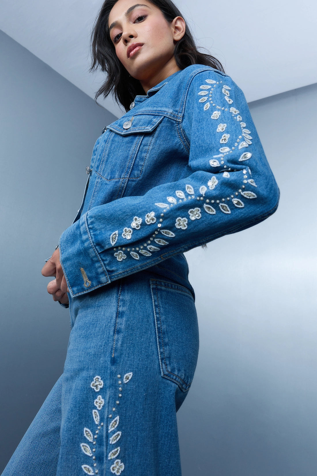 Hand Embroidered Floral Jacket - Blue