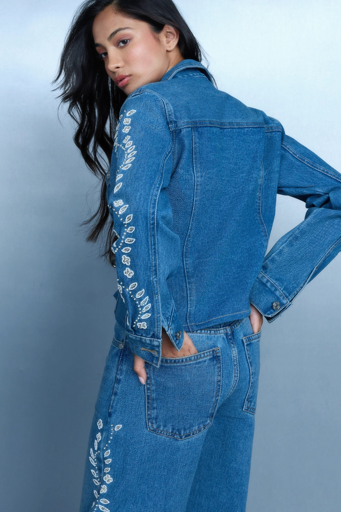 Hand Embroidered Floral Jacket - Blue