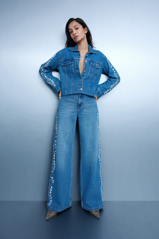Hand Embroidered Floral Straight Jeans - Blue