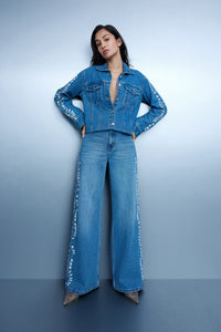 Hand Embroidered Floral Straight Jeans - Blue