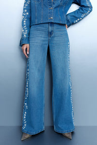 Hand Embroidered Floral Straight Jeans - Blue