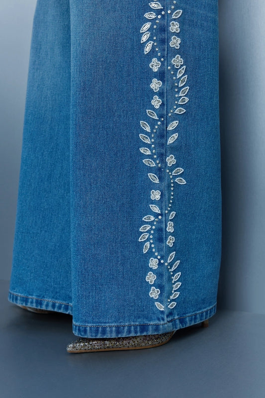 Hand Embroidered Floral Straight Jeans - Blue