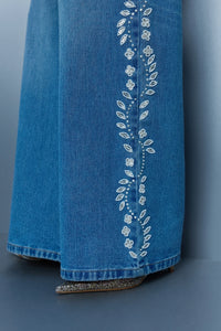 Hand Embroidered Floral Straight Jeans - Blue
