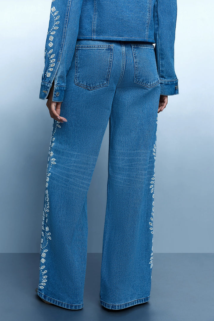 Hand Embroidered Floral Straight Jeans - Blue