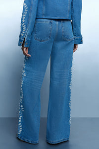Hand Embroidered Floral Straight Jeans - Blue