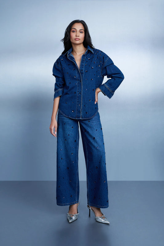 Sequin-Embroidered Crop Leg Jeans