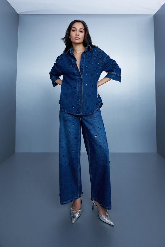 Sequin-Embroidered Denim Shirt