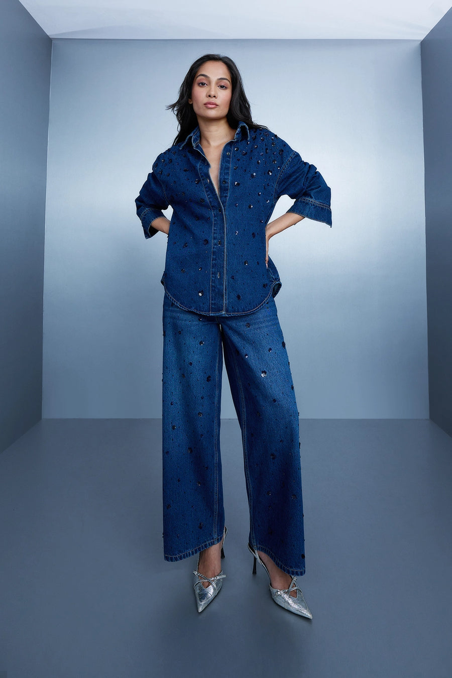 Sequin-Embroidered Denim Shirt