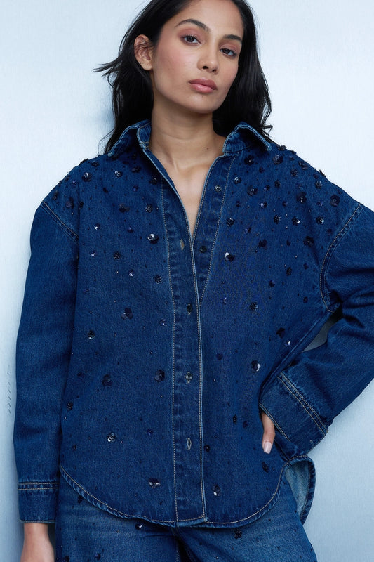 Sequin-Embroidered Denim Shirt