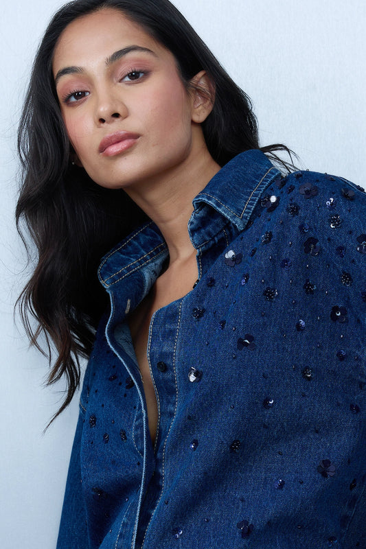 Sequin-Embroidered Denim Shirt