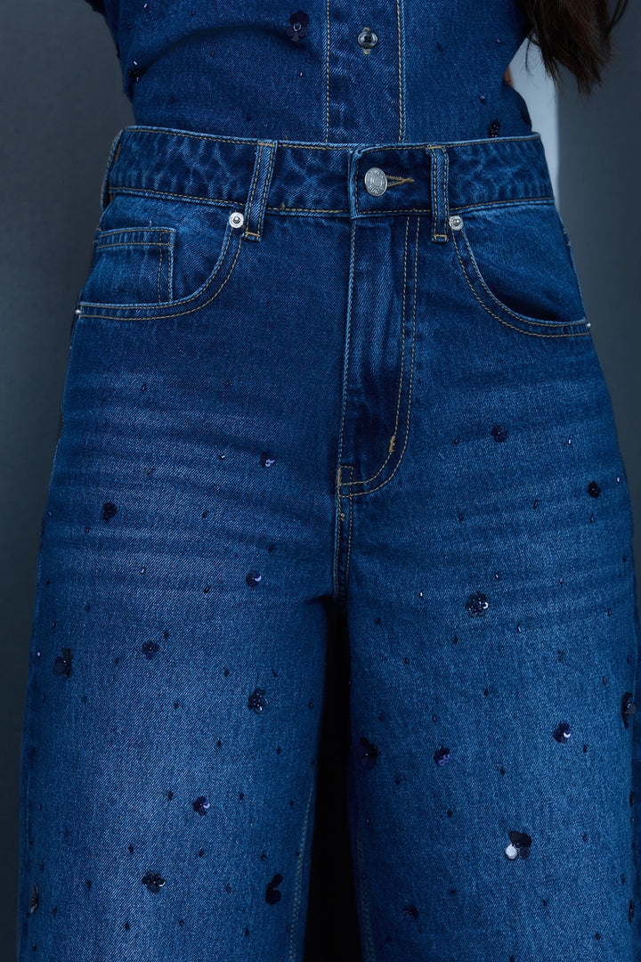 Sequin-Embroidered Crop Leg Jeans