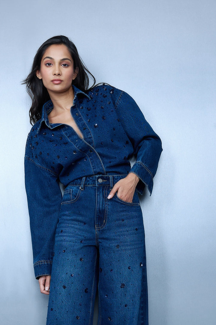 Sequin-Embroidered Crop Leg Jeans