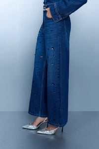 Sequin-Embroidered Crop Leg Jeans