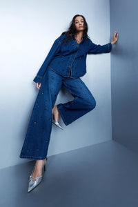 Sequin-Embroidered Crop Leg Jeans